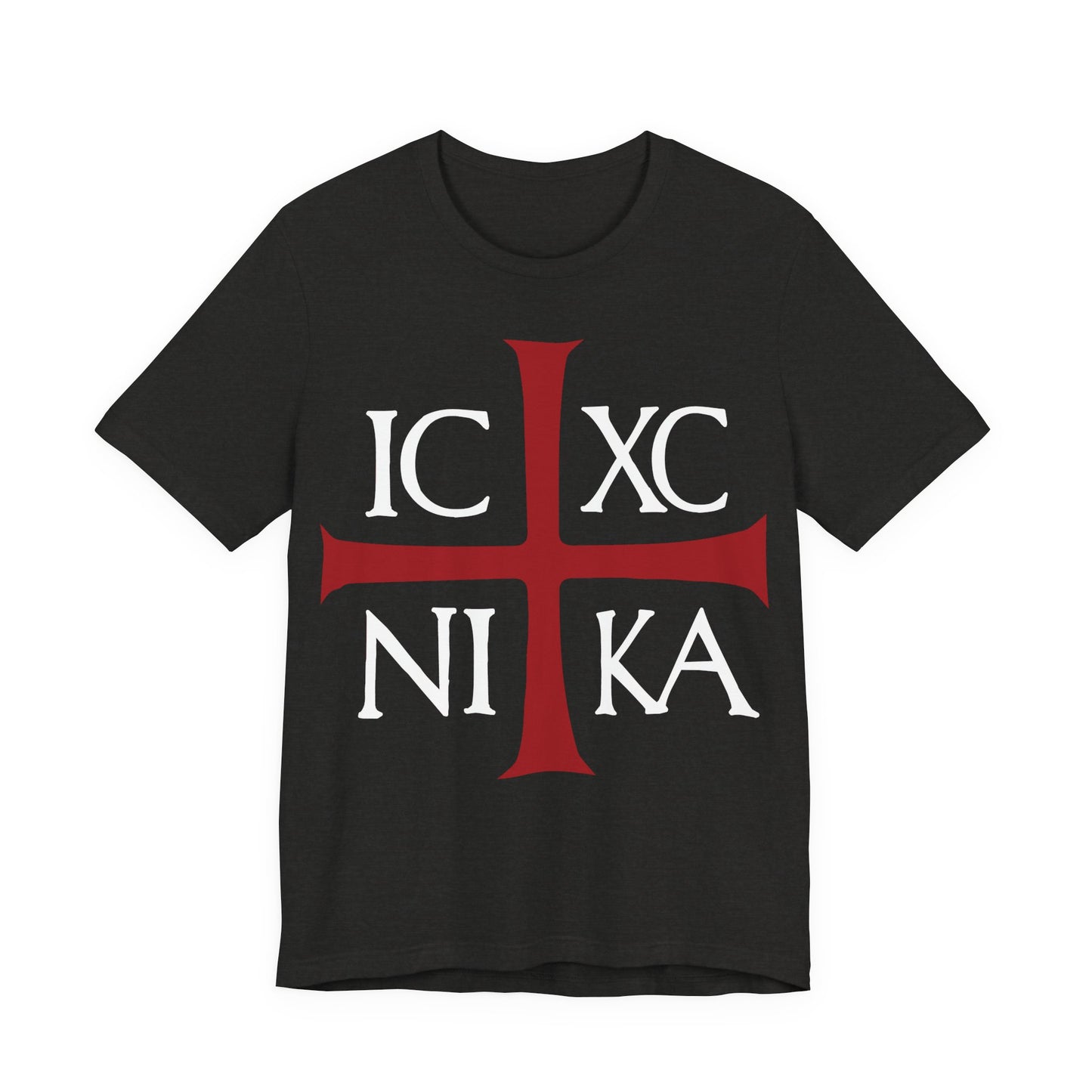 The ICXC NIKA Means Jesus Christ Conquers T-shirt in Black Heather features a red cross with white Greek letters, inspired by the ancient Byzantine Christogram and Orthodox Christian tradition.
