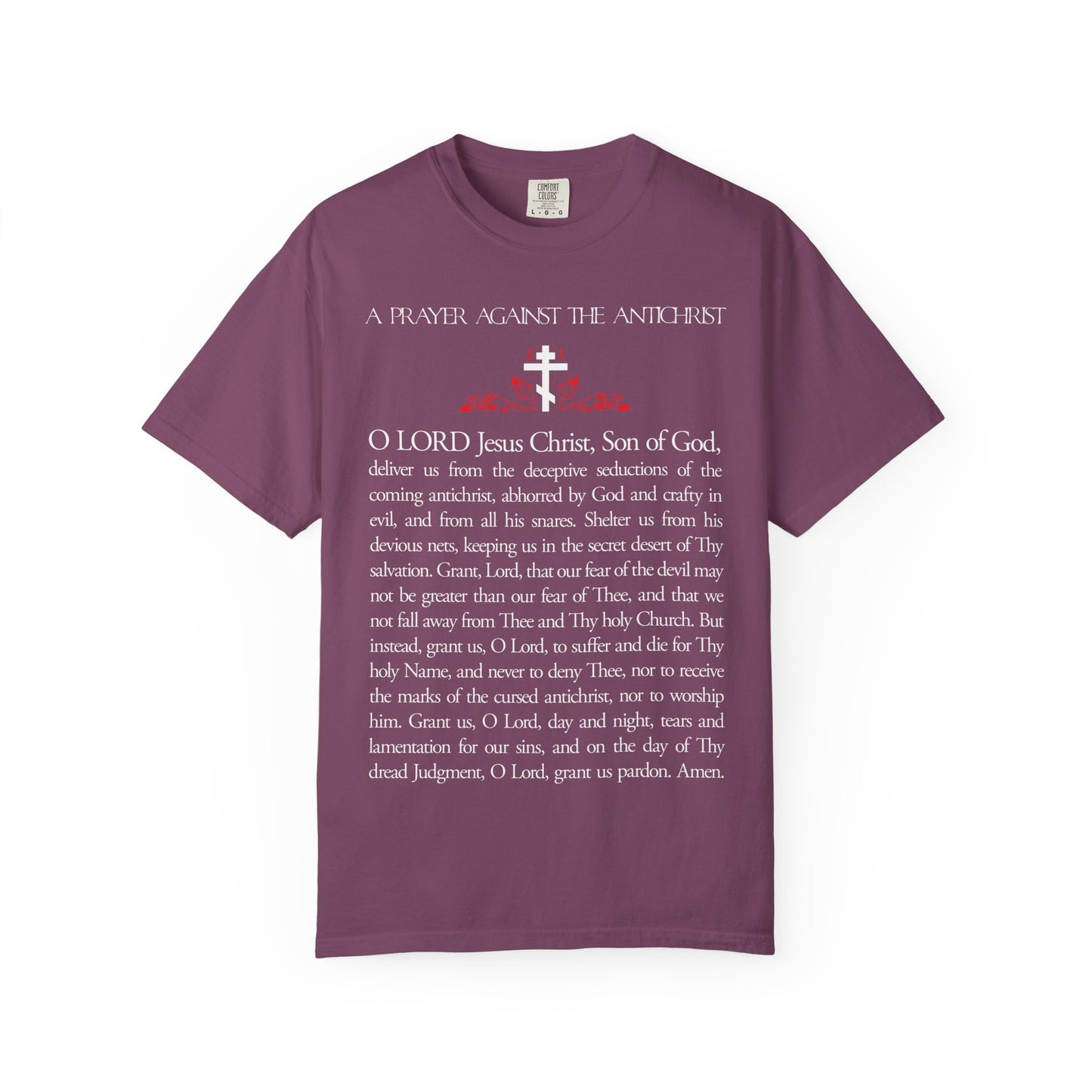 Purple heavyweight cotton unisex tee featuring "Prayer Against the Antichrist" by Elder Anatoly the Younger of Optina in stylized text. Christ is King. Inspired by the Book of Revelation.