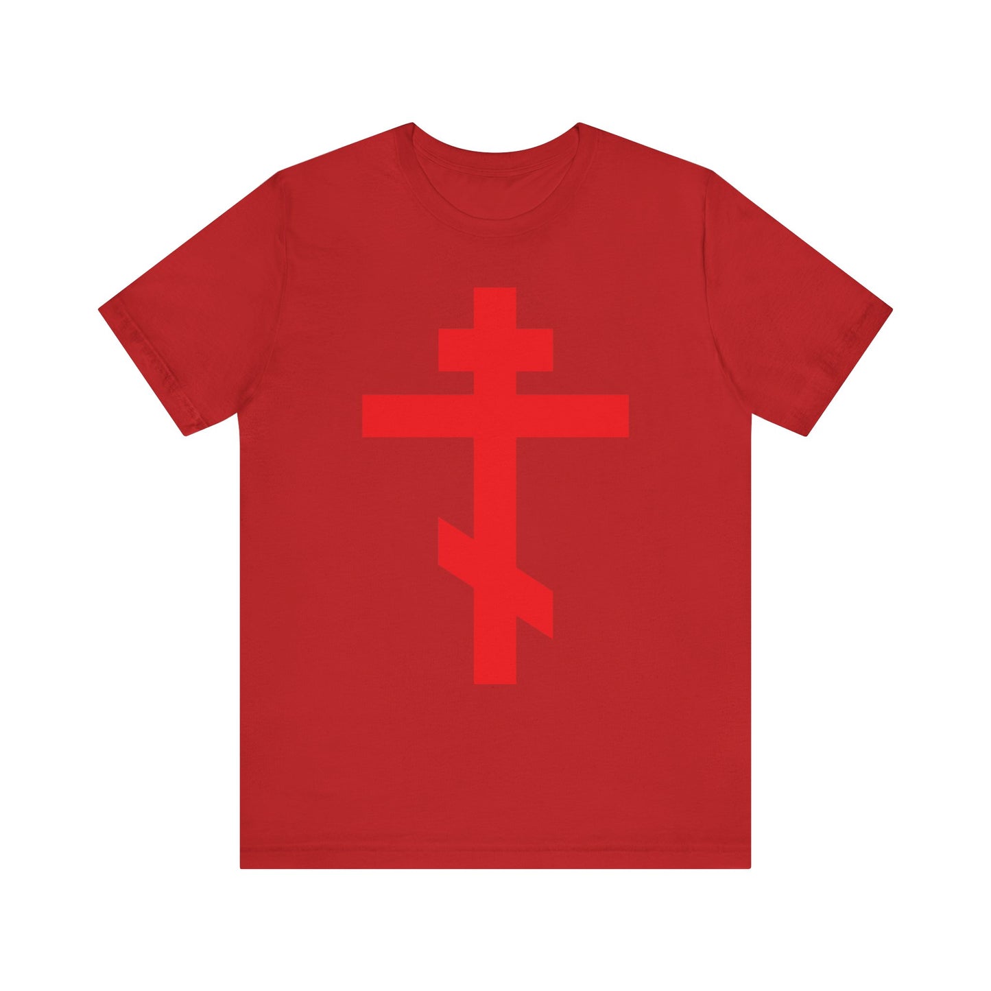 Bright red unisex cotton t-shirt featuring a bold Orthodox Cross on the front, inspired by the Troparion: "Preserve Thy People By Thy Cross, O Lord." Design in a deeper red. Lightweight and comfortable.