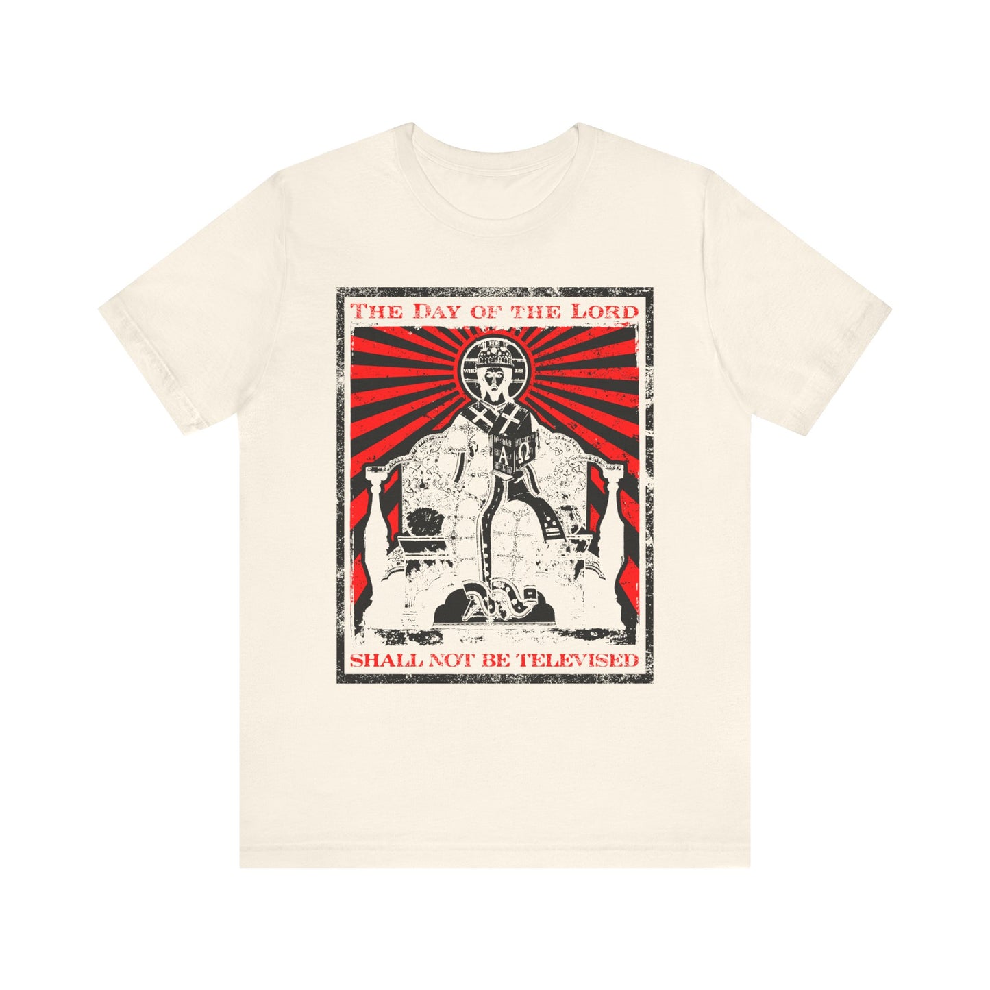 Natural lightweight cotton unisex tee featuring a bold graphic of Jesus Christ as a skeletal figure on a throne, accented by red rays and striking text above and below—an iconographic design inspired by the Second Coming and themes from Revelation. Product: The Day of the Lord Shall Not Be Televised.