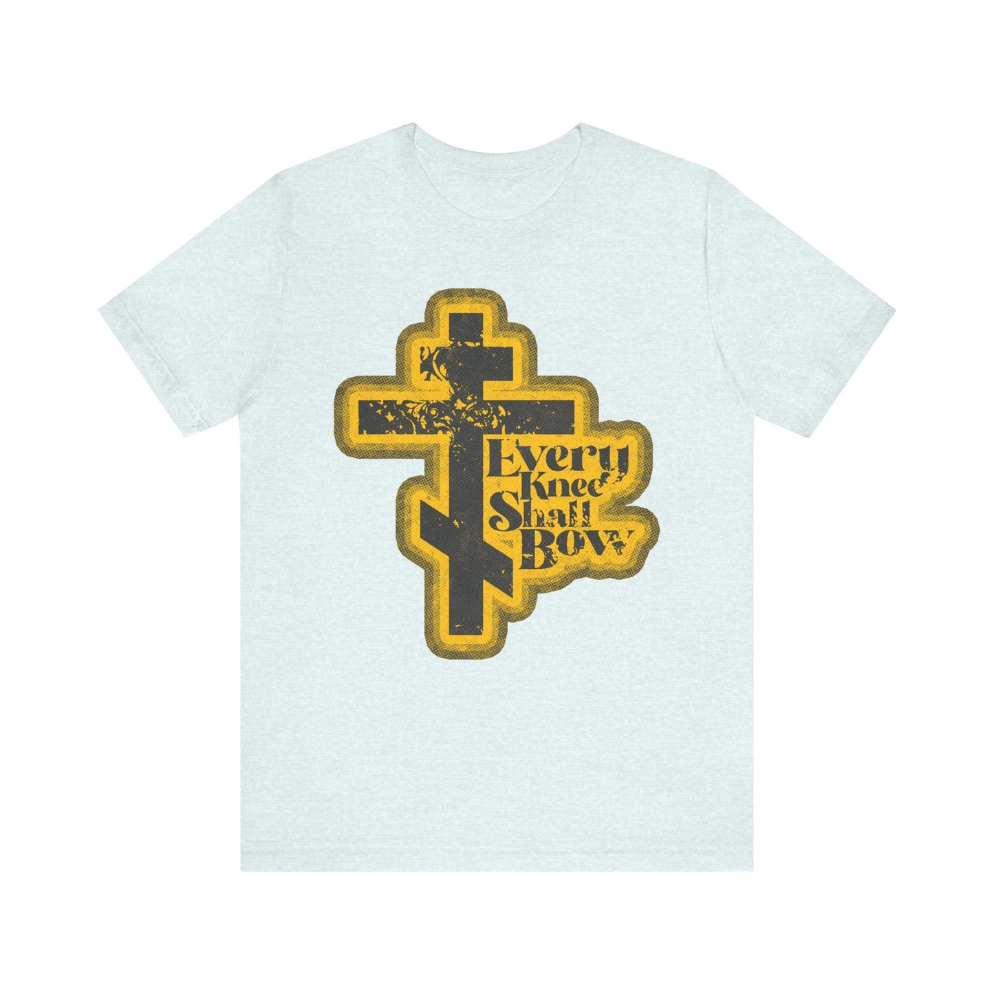 Heather ice blue lightweight cotton unisex tee featuring a distressed yellow Orthodox cross and "Every Knee Shall Bow" text, inspired by Philippians 2:10-11 and Isaiah 45:23, in a 70s halftone comic book style.