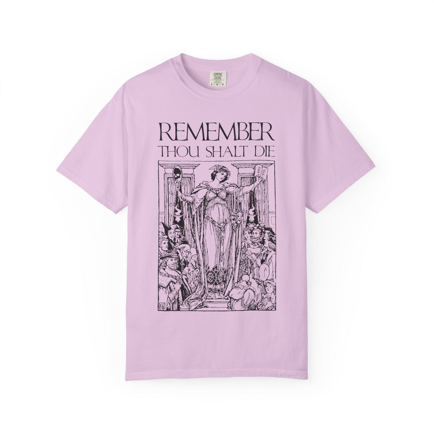 Orchid unisex tee featuring a classic woodcut-style robed figure and "REMEMBER YOU WILL DIE" text, inspired by Shakespearean memento mori. Heavyweight cotton for comfort.