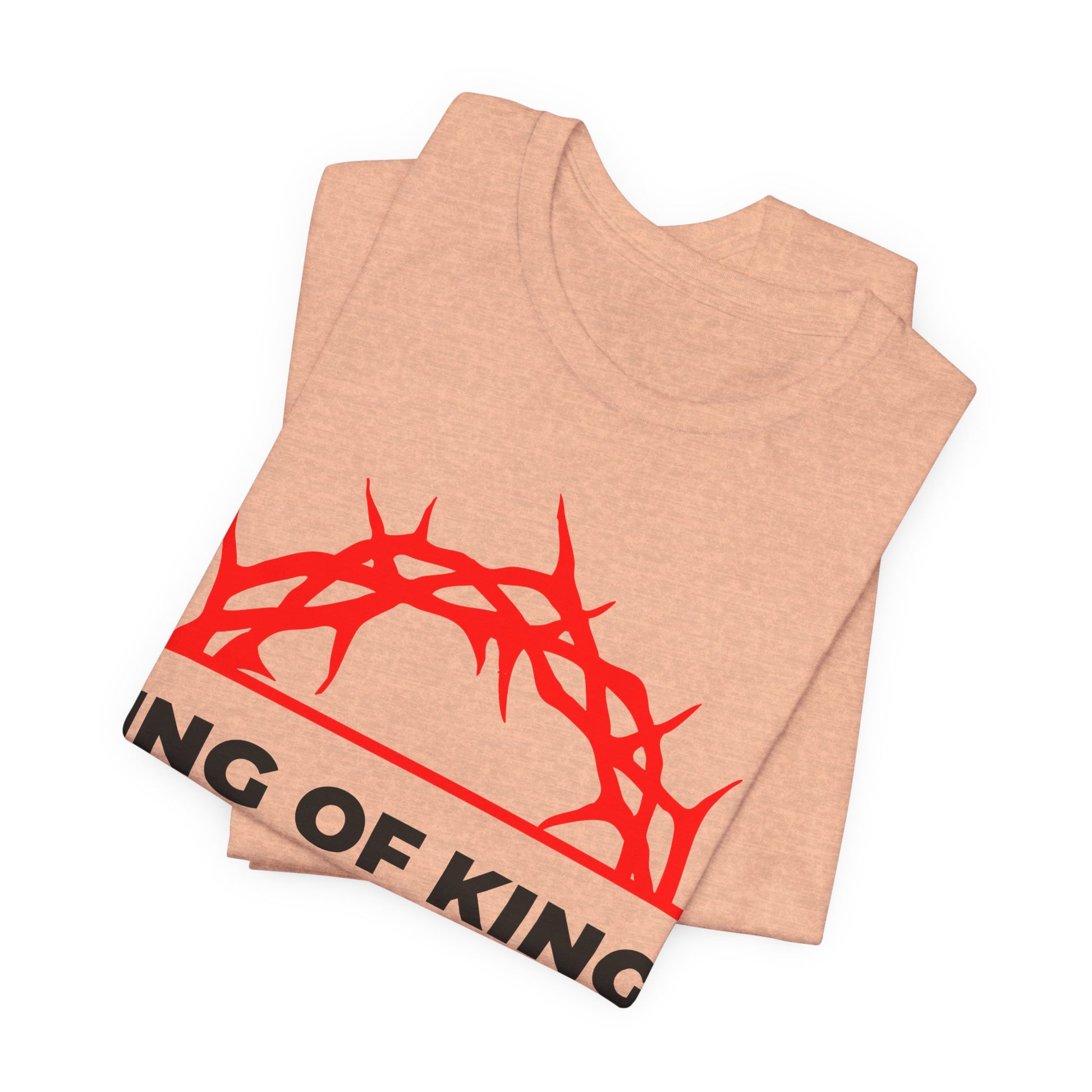 Beige unisex cotton tee featuring a red crown of thorns and "King of Kings" design, inspired by Revelation 19:16. Celebrate Christ as King with this Orthodox Christian shirt, part of The King of Glory collection.