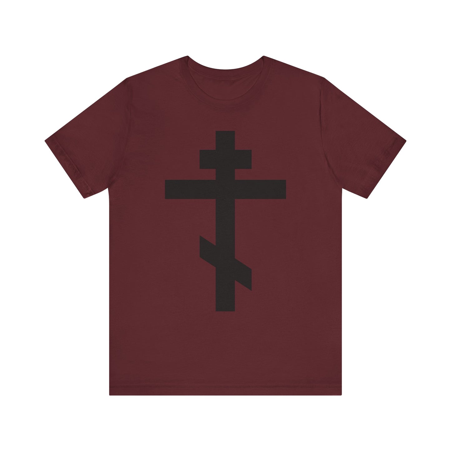 Maroon lightweight cotton tee with a large black Orthodox cross on the front, inspired by "He bore our sins on the cross so that we might die to sin & live to righteousness." Unisex fit.