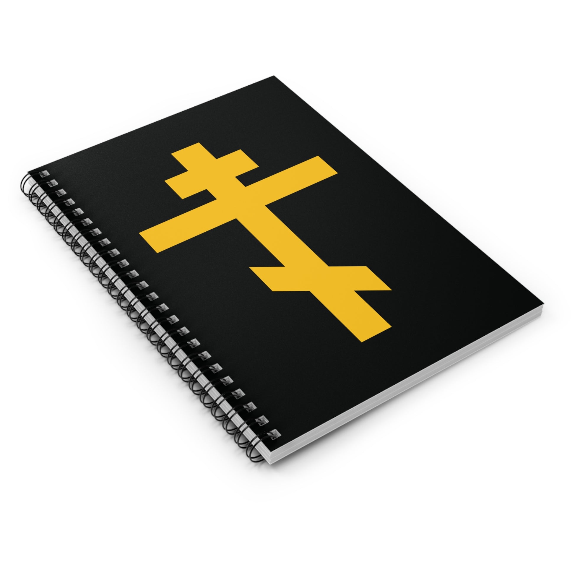 Black spiral notebook with a large yellow Orthodox cross on the cover—Precious and Life-Giving Weapon of Unseen Warfare, Scourge of Demons. Orthodox Spiral Notebook.