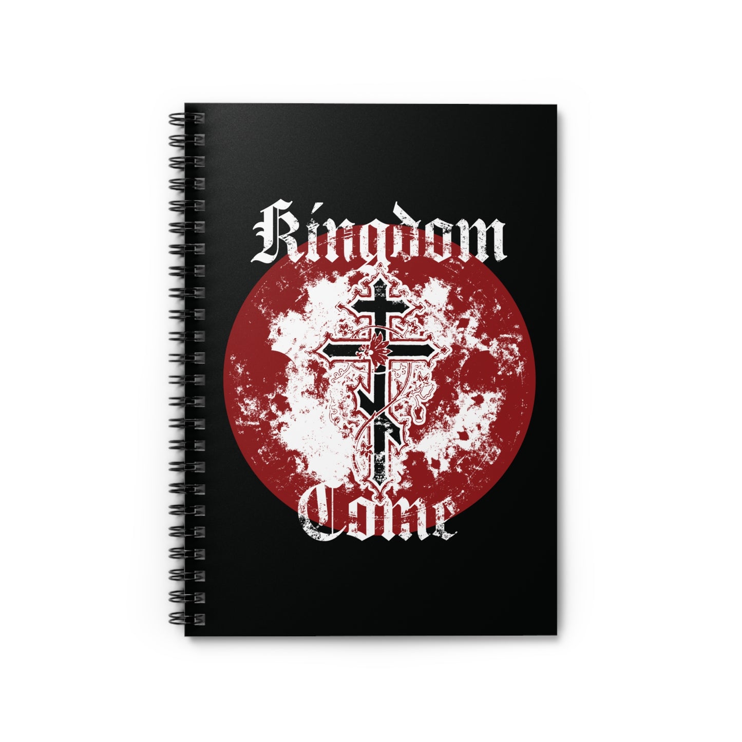 The "Kingdom Come | Lord's Prayer" spiral notebook features an Orthodox Cross with vine design and textured gothic font—ideal for Orthodox Christians to jot down prayers or inspirations.