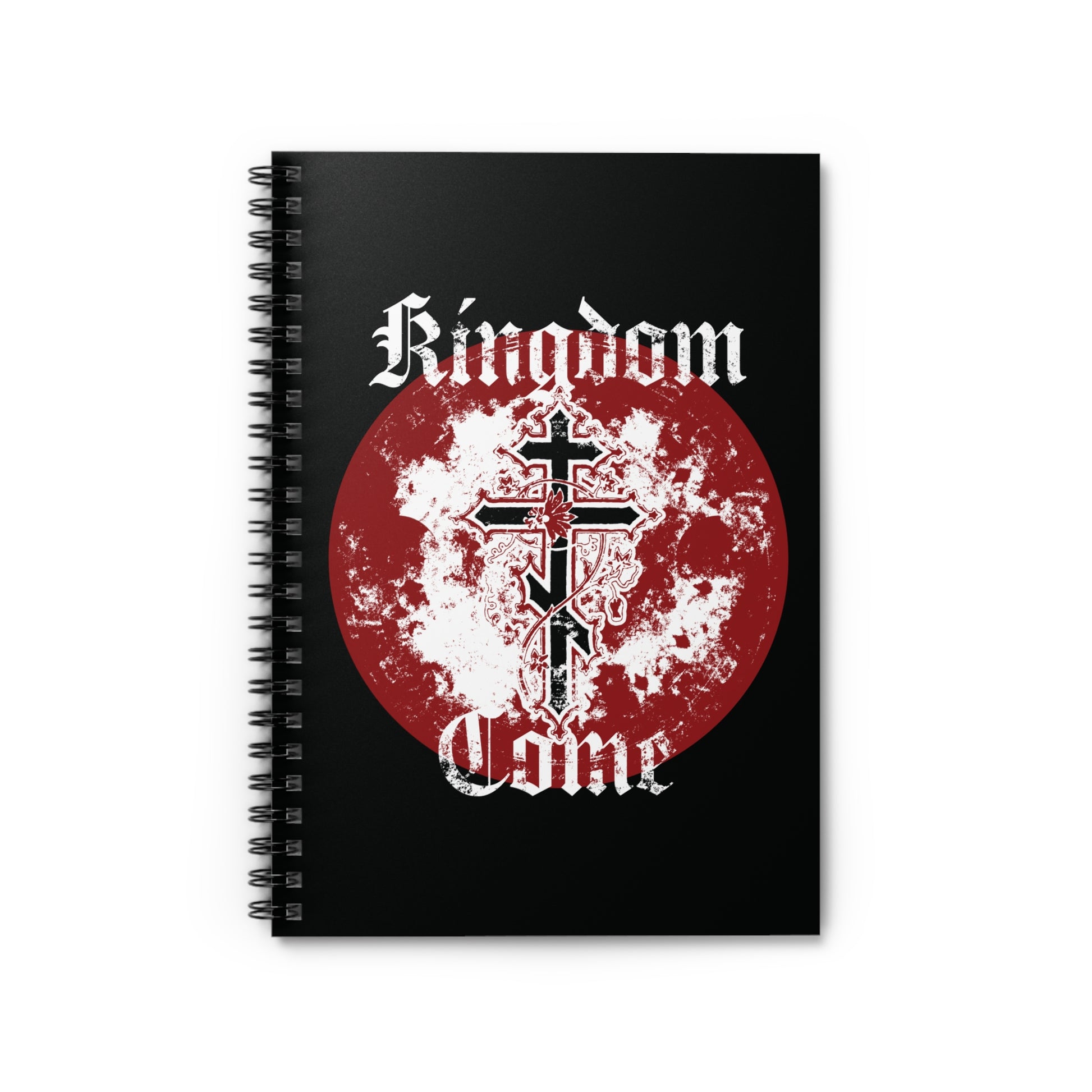 The "Kingdom Come | Lord's Prayer" spiral notebook features an Orthodox Cross with vine design and textured gothic font—ideal for Orthodox Christians to jot down prayers or inspirations.