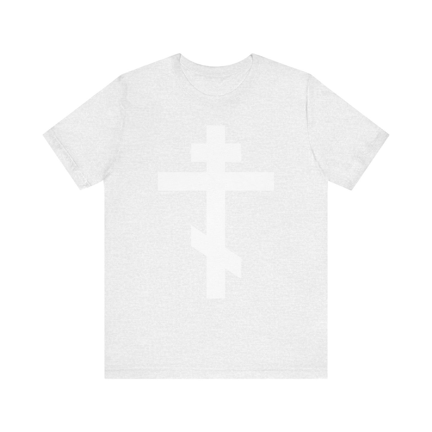 Ash t-shirt featuring a subtle outline of an Orthodox Cross on the front, inspired by the spiritual legacy of St. John of Kronstadt and highlighting the message: “By the power of Thy Cross do Thou preserve Thy people.” This Christian lightweight cotton unisex tee evokes the timeless promise of salvation.