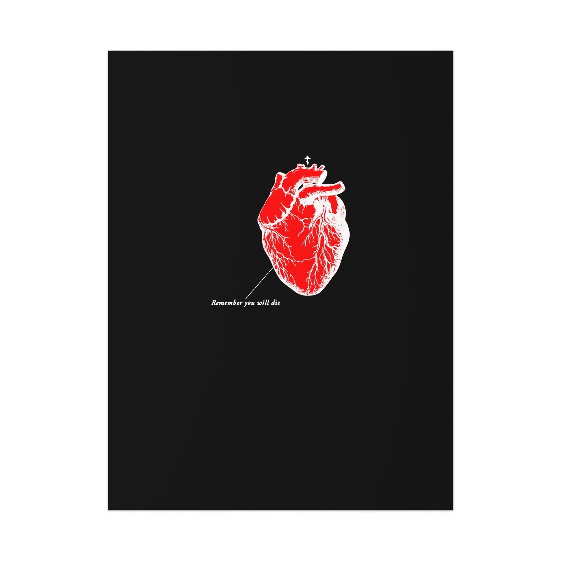 The Remember You Will Die | Retro Medical Textbook Heart Design poster showcases a red anatomical heart on black, with the phrase in white text, printed on eco-friendly cardstock for a sustainable art choice.