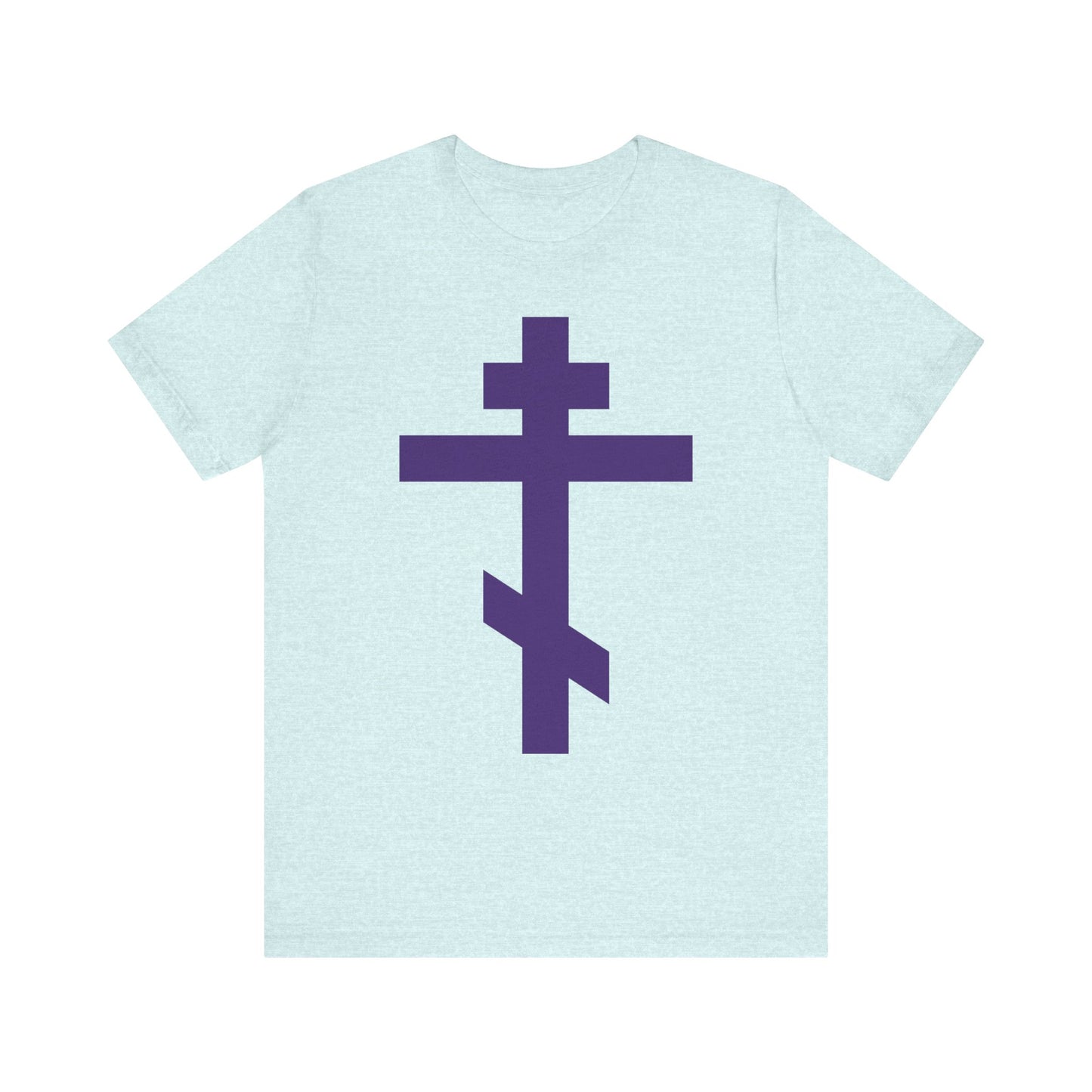 Heather Prism Ice Blue unisex cotton tee featuring a bold dark purple Orthodox tribar cross on the front, inspired by St. John of Kronstadt and proclaiming “Preserve Thy People By Thy Cross, O Lord” and “Christ is King.”.