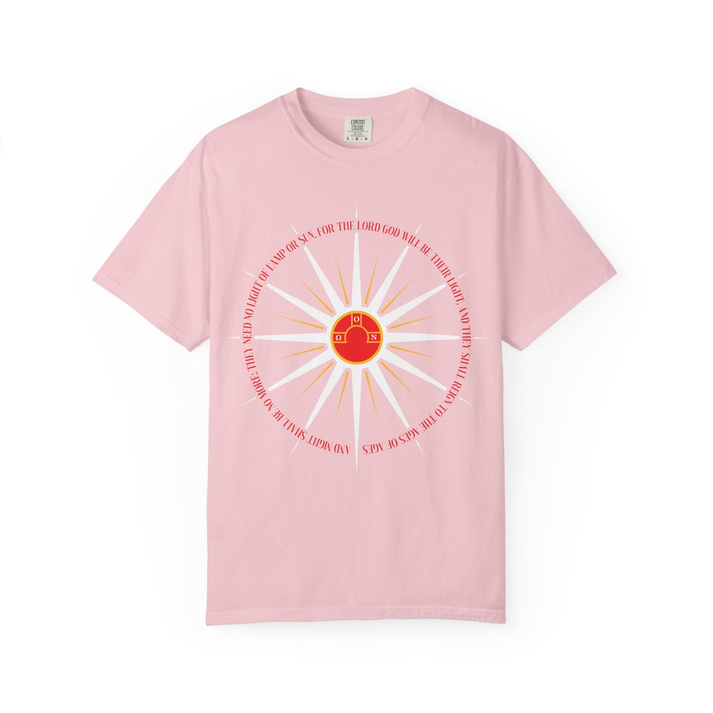 Blossom-colored heavyweight cotton T-shirt featuring blazing sun rays and a small red house at the center, encircled by text inspired by Revelation 22:5—evoking the hope of an imperishable homeland and alluding to the promise of a holy city at Christ’s Second Coming.