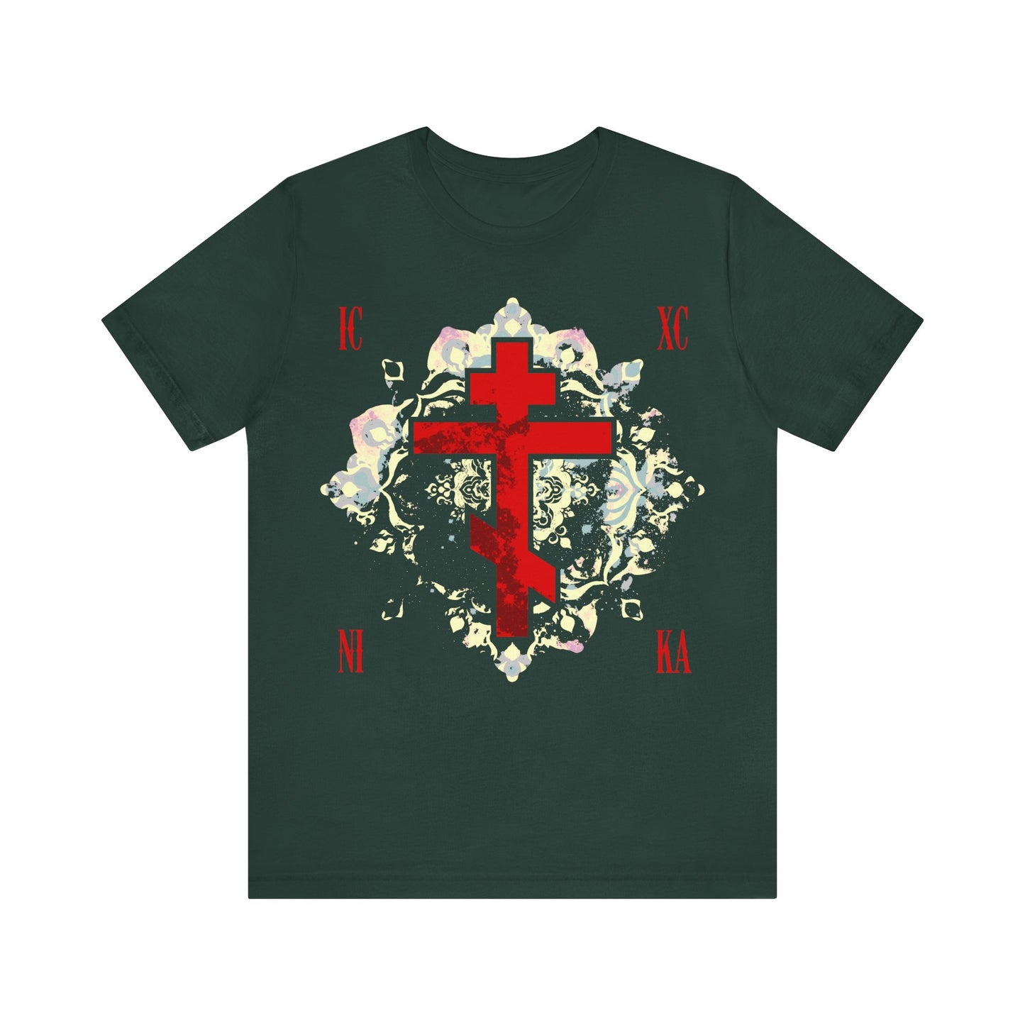 Forest green Orthodox Christian cotton t-shirt featuring a textured red ICXC NIKA cross with a medieval floral background—declaring "Jesus Christ Conquers.