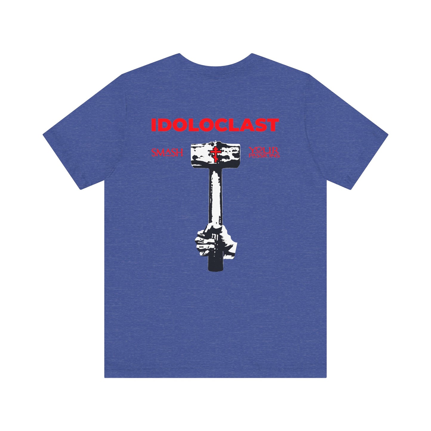 Sure! Here’s a rewritten sentence using your product data: Make a bold statement with the Idoloclast Idol Smasher Hammer tee—a lightweight cotton unisex shirt featuring a red cross on the front left breast and powerful back art of a fist holding a sledgehammer with “Jesus NIKA”—perfect for those ready to break free from Evangelical Commandments and start a new conversation with God.