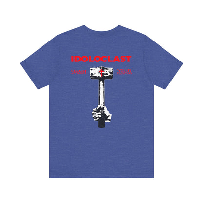 Sure! Here’s a rewritten sentence using your product data: Make a bold statement with the Idoloclast Idol Smasher Hammer tee—a lightweight cotton unisex shirt featuring a red cross on the front left breast and powerful back art of a fist holding a sledgehammer with “Jesus NIKA”—perfect for those ready to break free from Evangelical Commandments and start a new conversation with God.