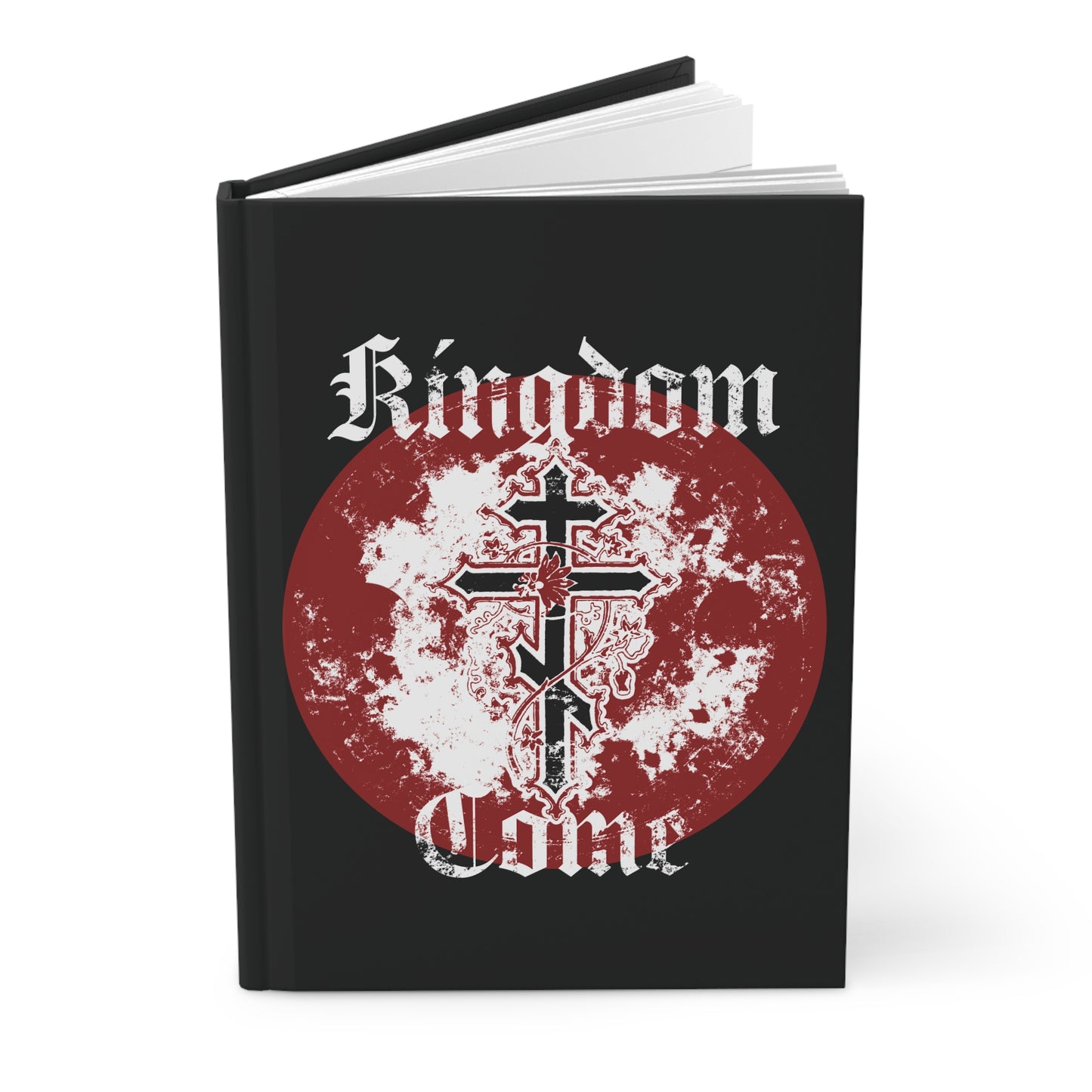 The "Kingdom Come" Orthodox Christian Hardcover Journal features a black cover with a red circle, ornate cross with vine, and textured gothic font—perfect for reflecting on spiritual themes inspired by St. Ignatius Brianchaninov.
