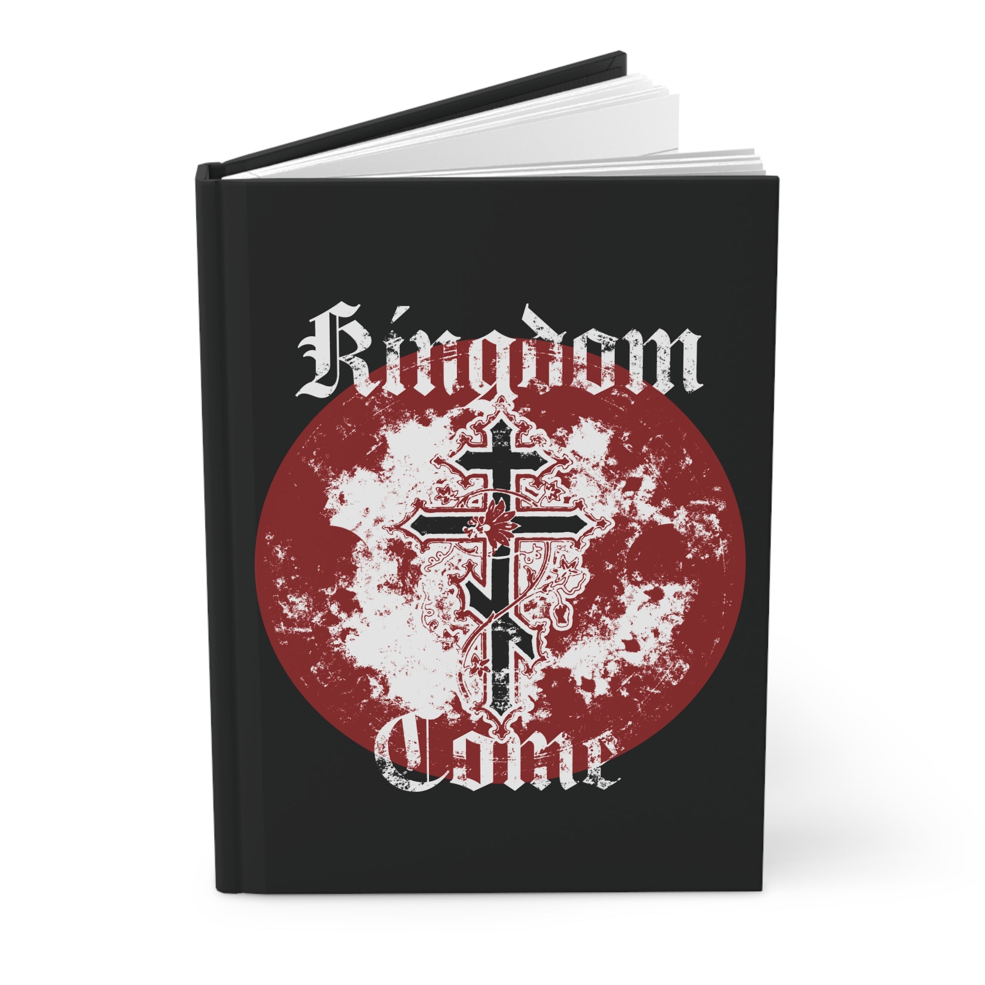 The "Kingdom Come" Orthodox Christian Hardcover Journal features a black cover with a red circle, ornate cross with vine, and textured gothic font—perfect for reflecting on spiritual themes inspired by St. Ignatius Brianchaninov.
