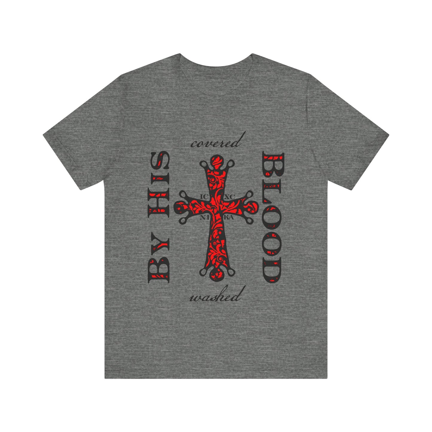 Washed/Covered By His Blood (1 John 1:7) | ICXC NIKA Ornate Red Orthodox Cross | Orthodox Christian Cotton T-Shirt