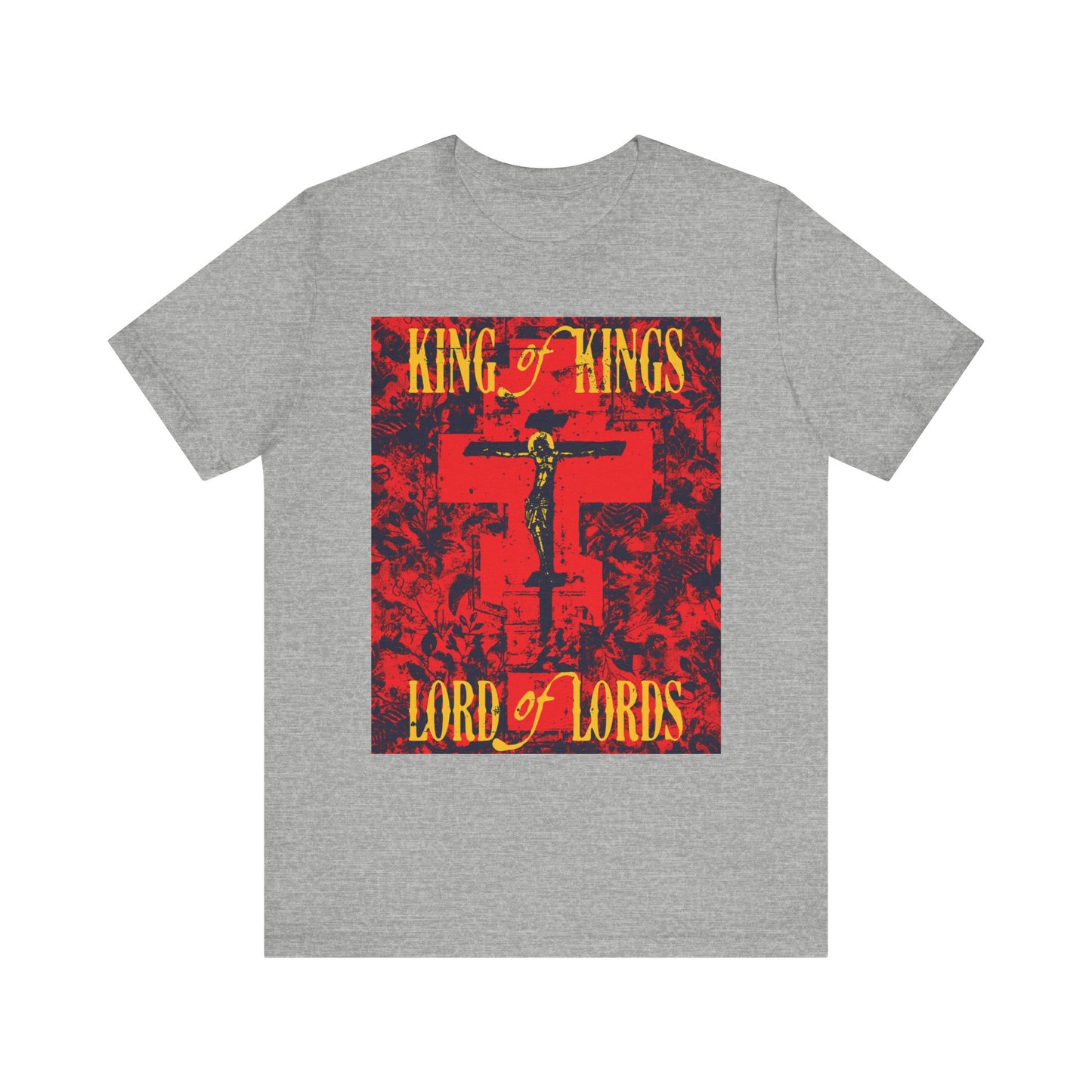 Athletic Heather lightweight cotton unisex t-shirt featuring a nature-textured Orthodox icono-graphic of Christ crucified in bold red and yellow, with the text "King of Kings, Lord of Lords"—an inspiring statement rooted in the Word of God.