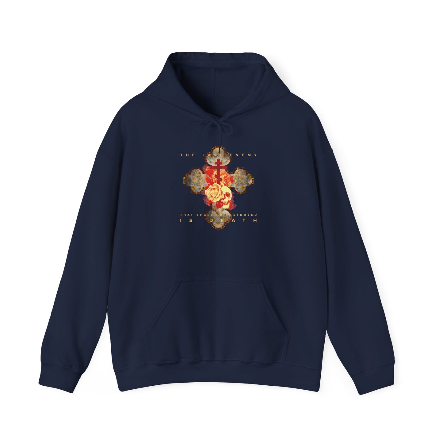 Navy hoodie featuring a metallic Gothic cross with rose and skull, adorned with white “Christ risen” text on the chest; inspired by 1 Corinthians 15:26, “The final enemy that shall be destroyed is death,” and celebrating the promise of resurrection.