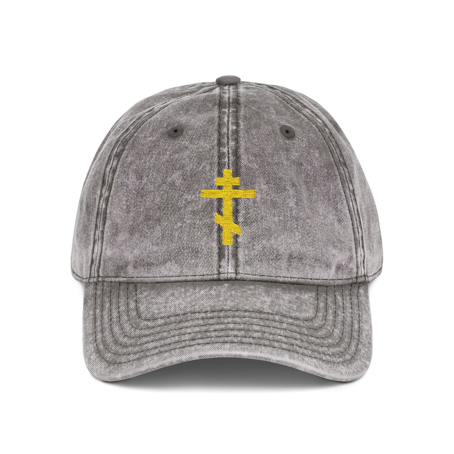 Charcoal grey distressed cap with a minimalist yellow Orthodox TriBar cross, symbolizing salvation, embroidered on the front. From the Simple Yellow Orthodox TriBar Cross collection. Front view shown.