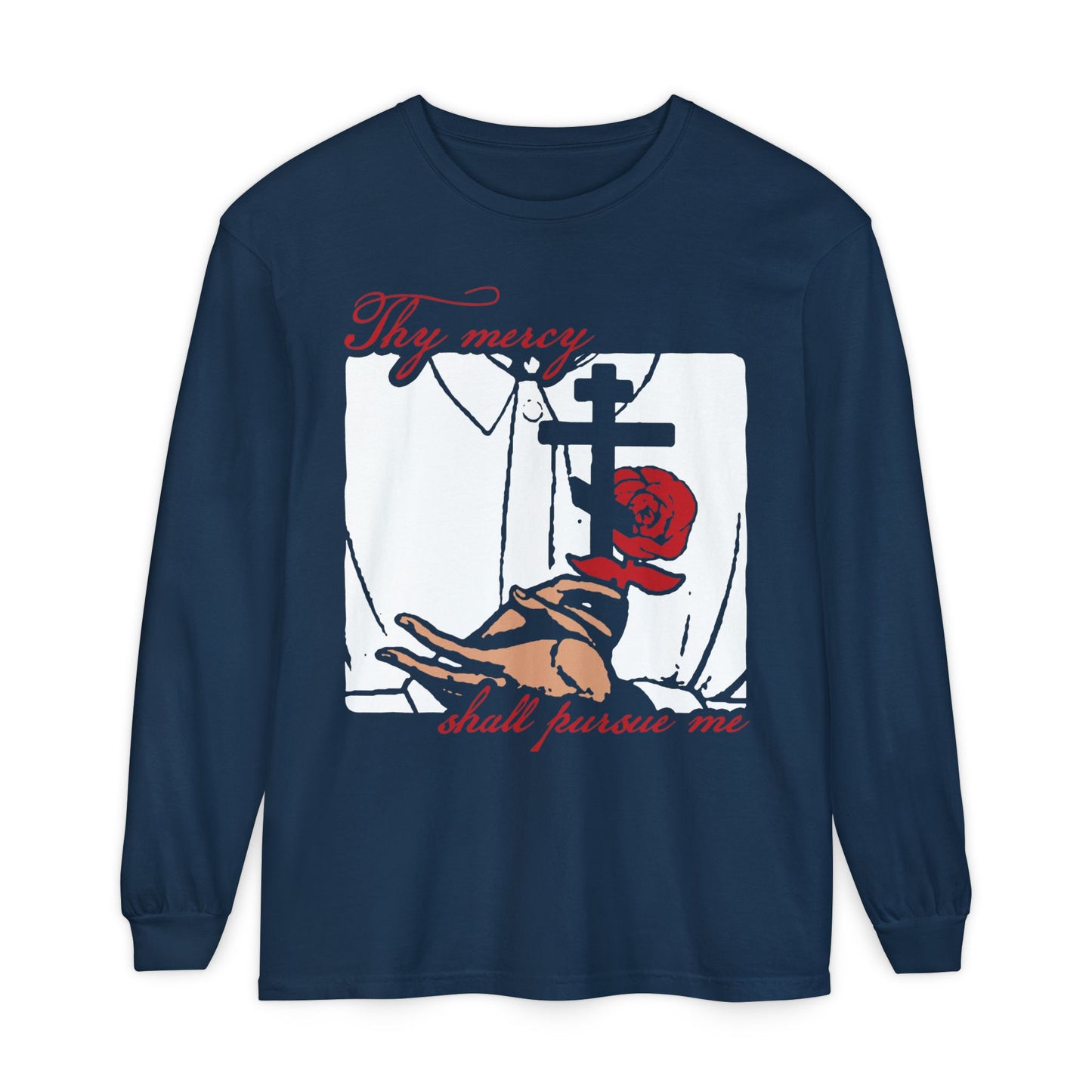 Thy Mercy Shall Pursue Me - Psalm 22 (23) | Orthodox Martyr's Cross and Rose Icono-Graphic Style | Orthodox Christian Long Sleeve Cotton Shirt