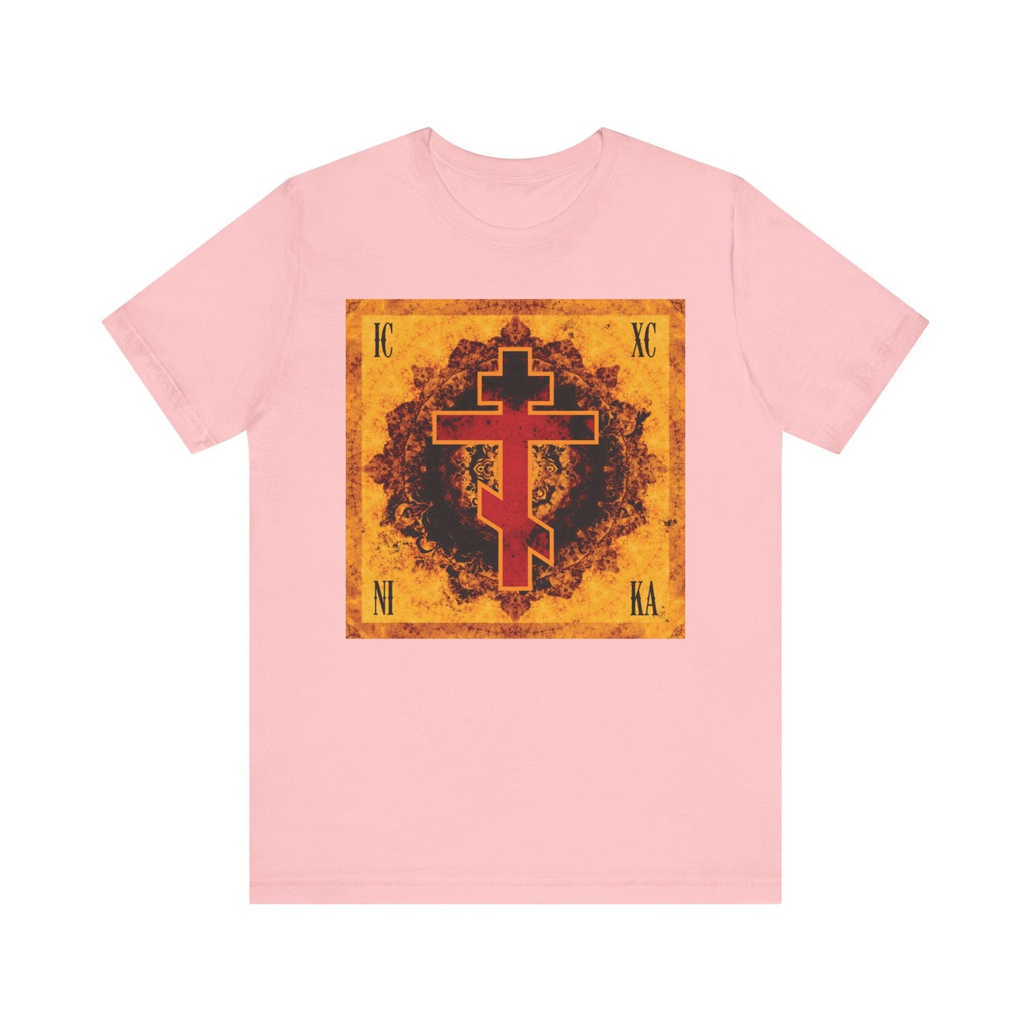 Pink ICXC NIKA Lightweight Cotton Unisex T-Shirt featuring a bright orange and red ornate Orthodox cross with Greek letters in the center, inspired by the Elevation of the Precious Cross.