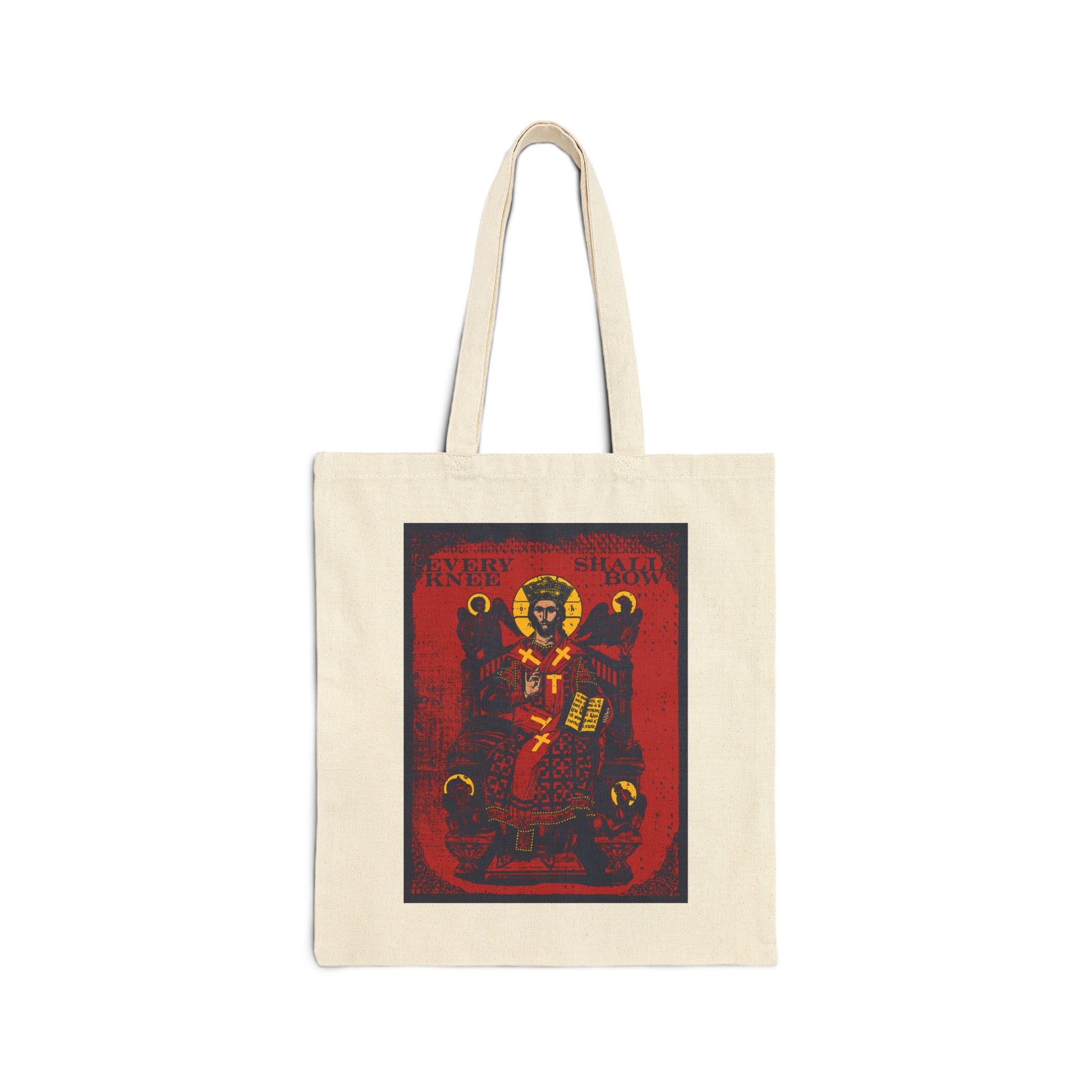 Natural cotton tote bag featuring the "Every Knee Shall Bow" (Phil 2:8-11, Isaiah 45:23) Christ Enthroned IconoGraphic with Ezekiel's Chariot—Orthodox design inspired by “Jesus Christ is Lord.”.