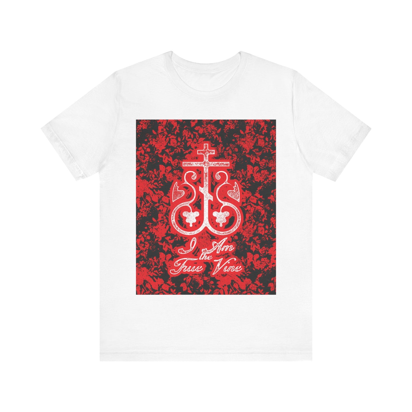 I Am the True Vine (John 15:1) | Orthodox Cross Vine Monogram | Red and Black Floral Design | Orthodox Christian T-Shirt