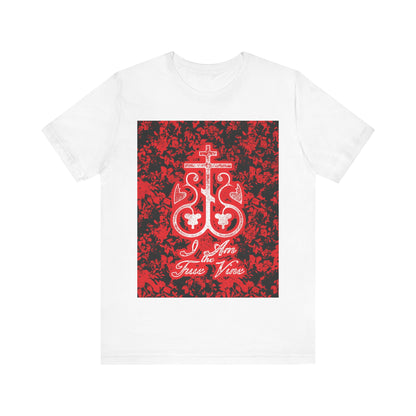 I Am the True Vine (John 15:1) | Orthodox Cross Vine Monogram | Red and Black Floral Design | Orthodox Christian T-Shirt