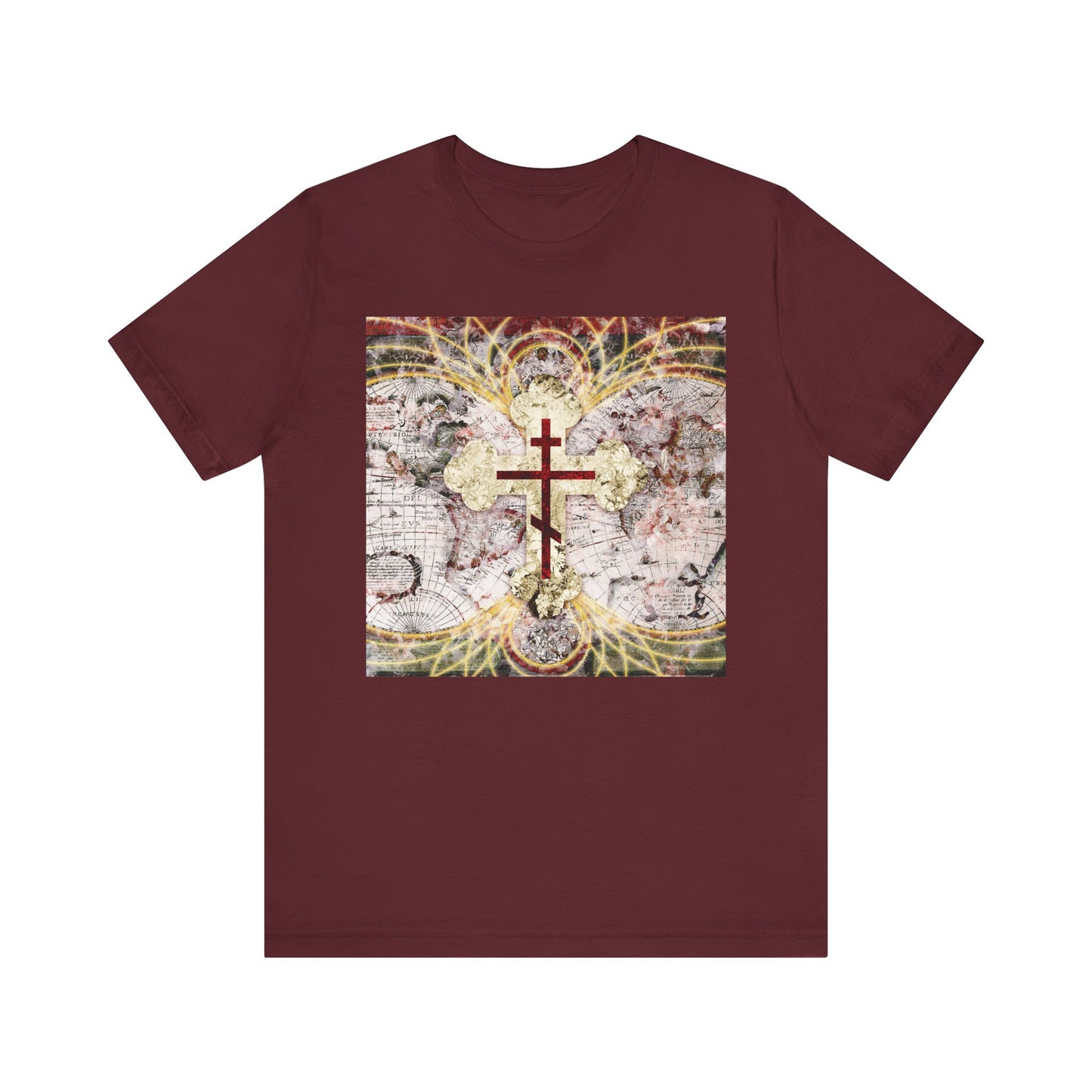 Maroon unisex tee featuring a red Orthodox cross on an antique map with glowing magnetic lines, inspired by the Conqueror of Death theme—Orthodox Christian design in lightweight cotton.