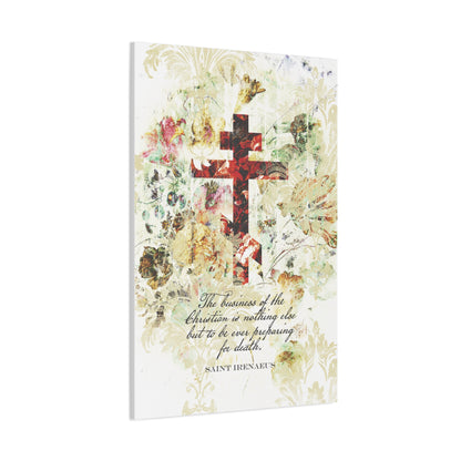 Preparing For Death | White & Beige Floral Scrapbook Texture Cross | Arts & Crafts Style | St Irenaeus | Orthodox Christian Canvas Art