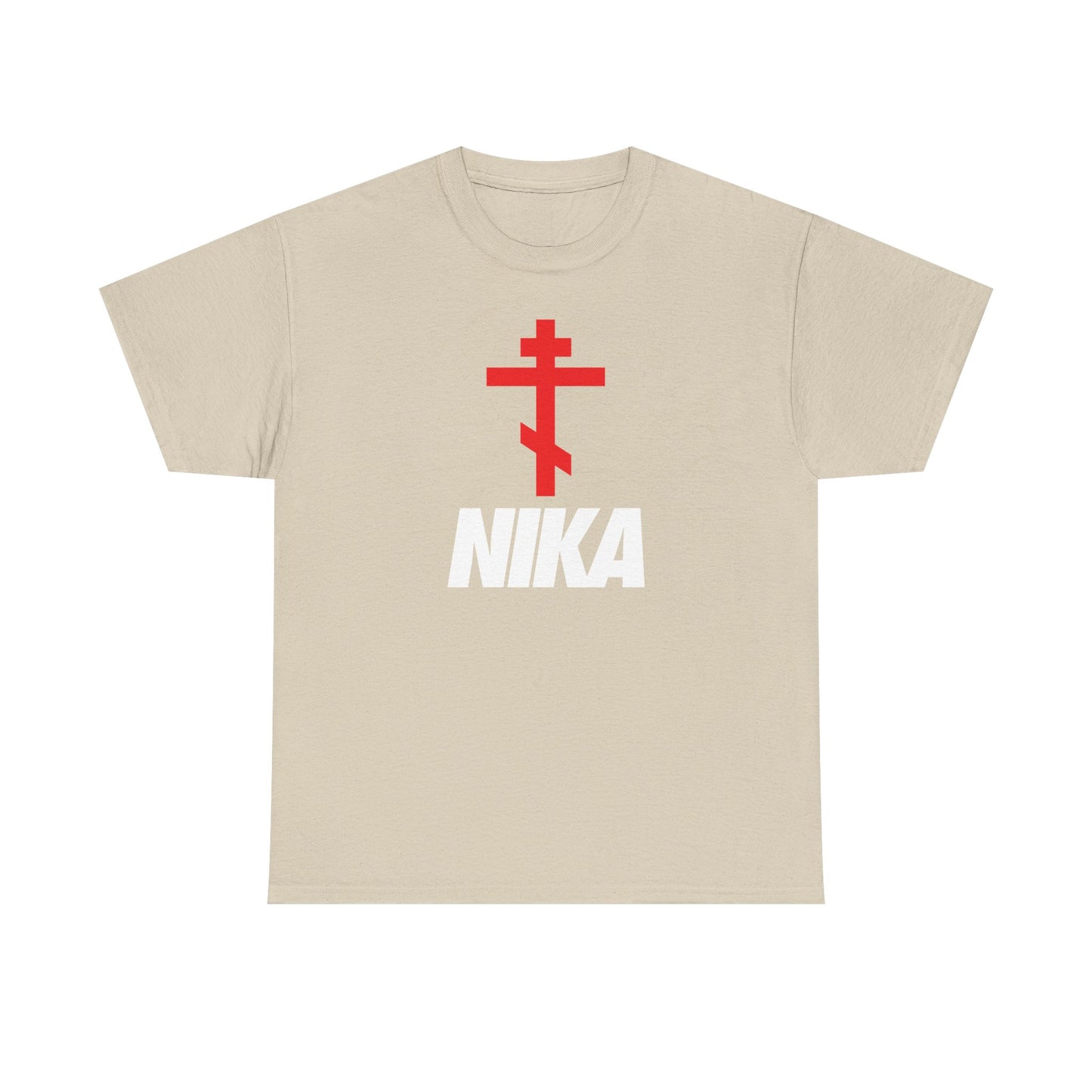 Sand-colored t-shirt featuring a red Orthodox cross above bold white "NIKA" text, inspired by the NIKE logo. Minimalist Christian heavy cotton shirt from Athletic Ascetic Fashion.