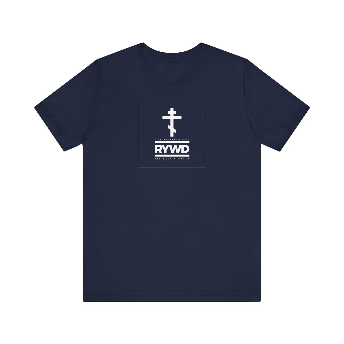 Navy RYWD (Remember You Will Die) Orthodox Christian lightweight cotton unisex tee featuring a minimalist white Orthodox cross and RYWD text in a square design on the chest—an understated reminder to live sacramentally and die salvifically.