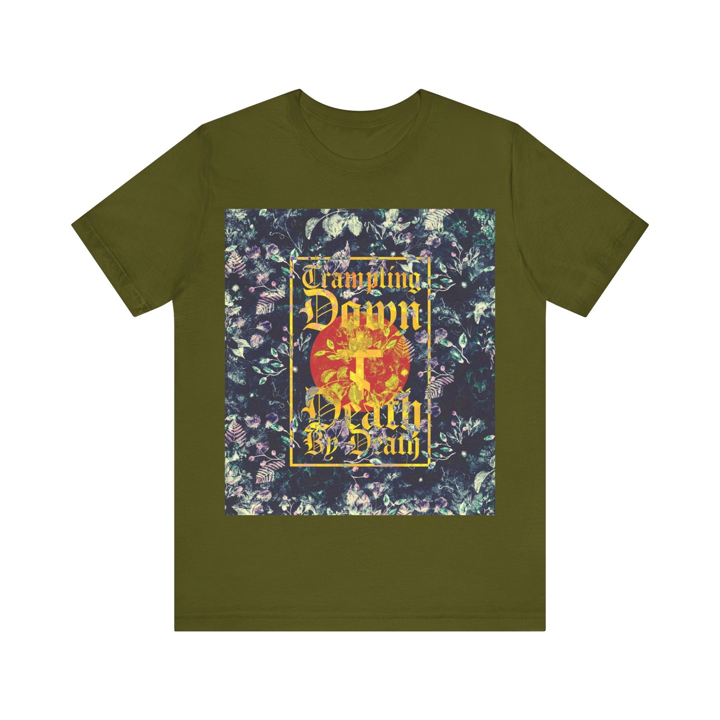 Trampling Down Death By Death | Paschal Floral Design with Gothic Script and Three-Bar Cross | Orthodox Christian T-Shirt
