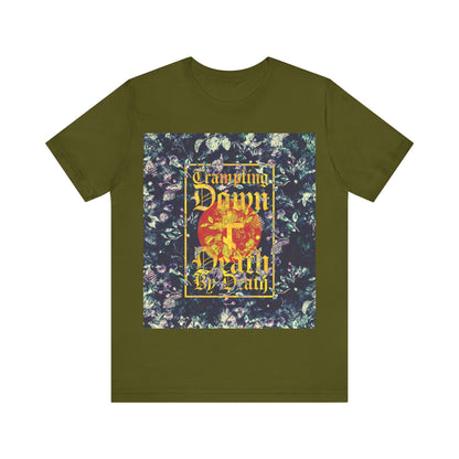 Trampling Down Death By Death | Paschal Floral Design with Gothic Script and Three-Bar Cross | Orthodox Christian T-Shirt