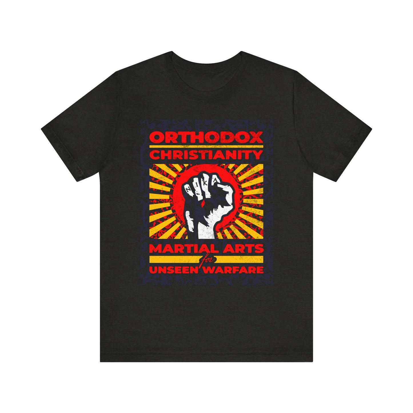 Black Heather unisex tee featuring the NIKA Jesus fist on a colorful sunburst design, inspired by Orthodox Christianity's "Martial Arts for Unseen Warfare" and the spiritual teachings of Archbishop Averky on Christian virtue.