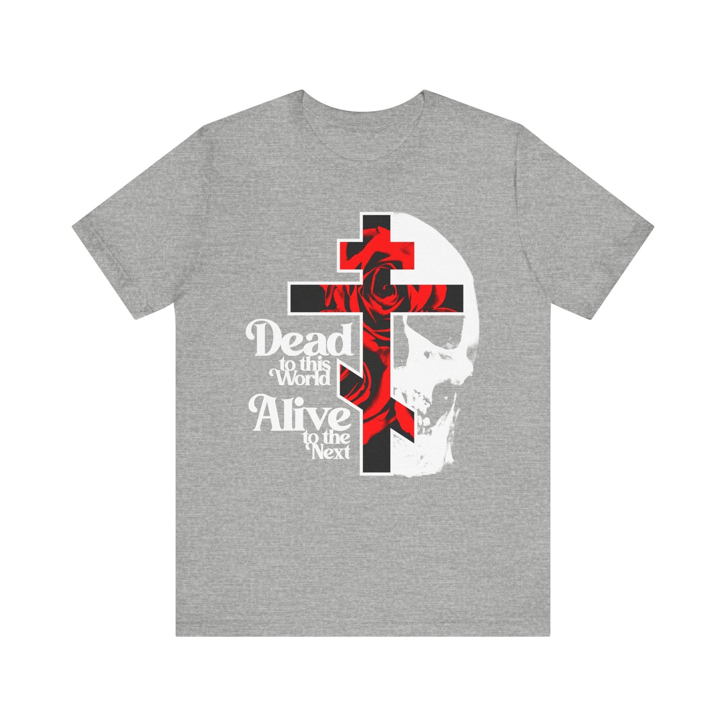 The “Dead to this World” Orthodox Christian tee in Athletic Heather features a cross, skull, and red roses in 70s typography—symbolizing renunciation and spiritual ascent. Lightweight unisex cotton; bestselling Christian Goth design.