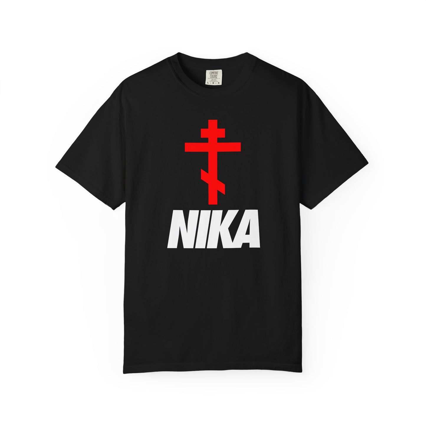 Black heavyweight unisex tee featuring a red Orthodox cross above bold white NIKA lettering in a minimalist NIKE logo mashup—athletic ascetic fashion inspired by Revelation 3:21’s spirit of victory.