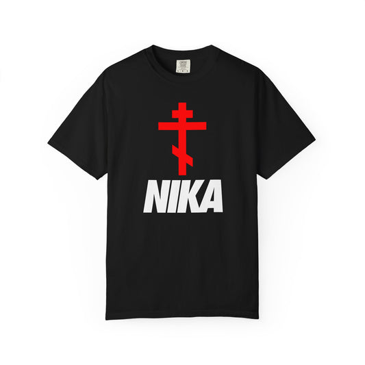 Black heavyweight unisex tee featuring a red Orthodox cross above bold white NIKA lettering in a minimalist NIKE logo mashup—athletic ascetic fashion inspired by Revelation 3:21’s spirit of victory.