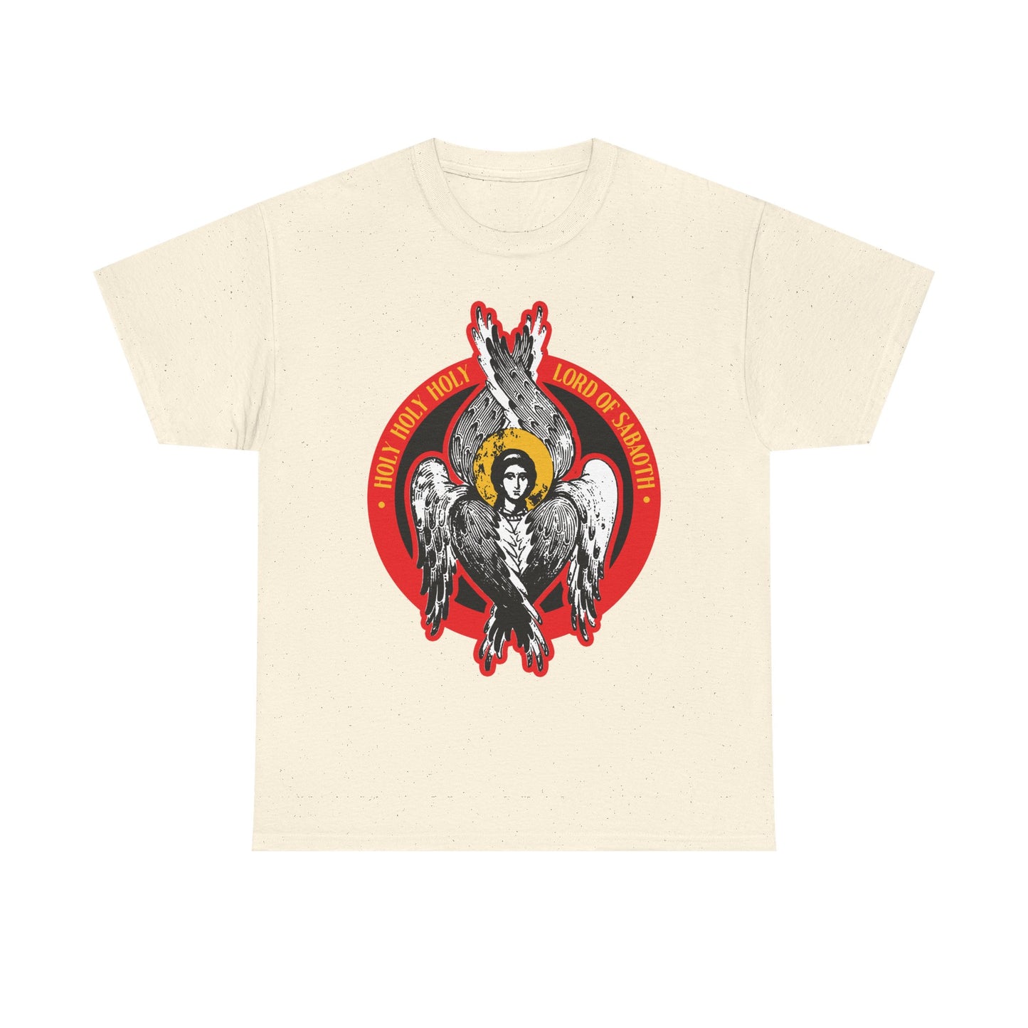 The natural Holy Holy Holy, Lord of Sabaoth t-shirt features a seraphim angel graphic with Isaiah 6-inspired text, "Lord of Hosts," highlighting the unseen realm in a Christian heavy cotton design.