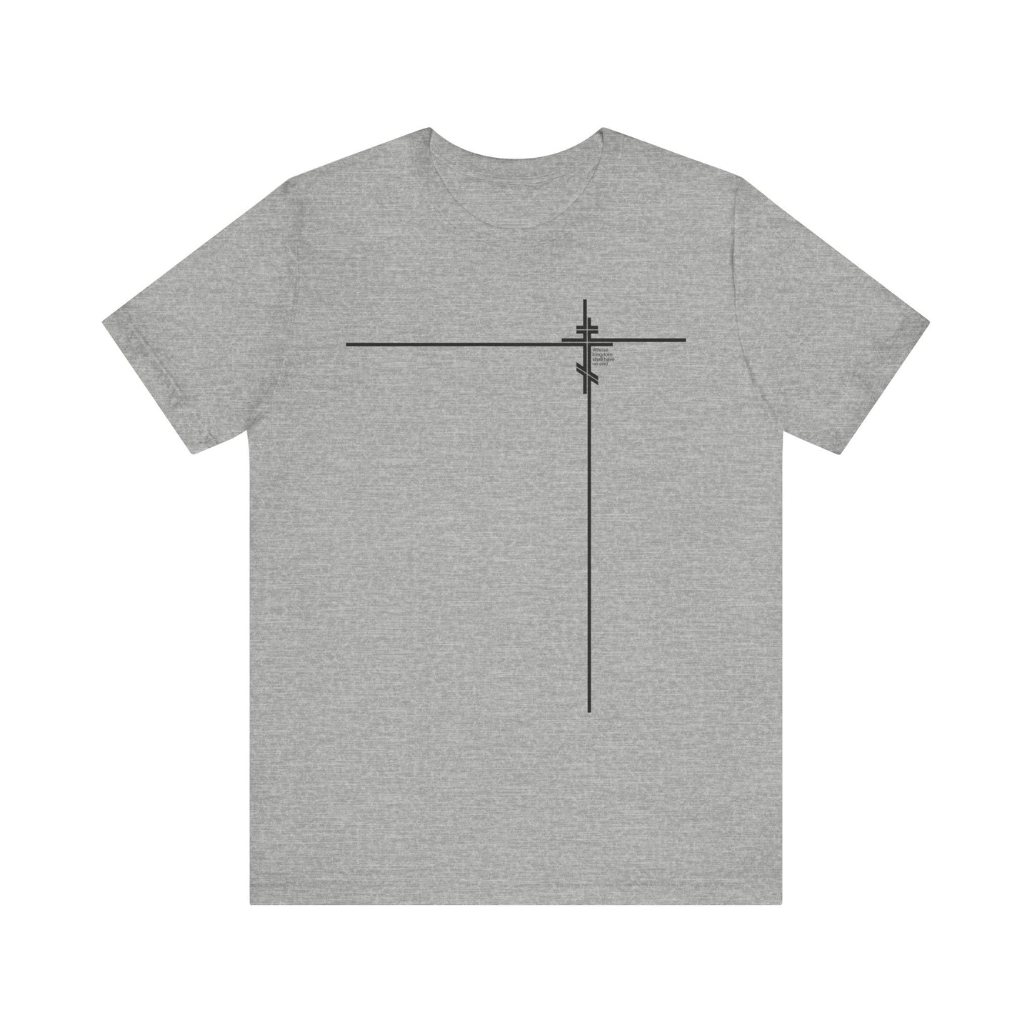 Athletic Heather t-shirt featuring a minimalist black Orthodox cross logo on the upper left chest, inspired by "Whose Kingdom Shall Have No End" (Luke 1:32-33).