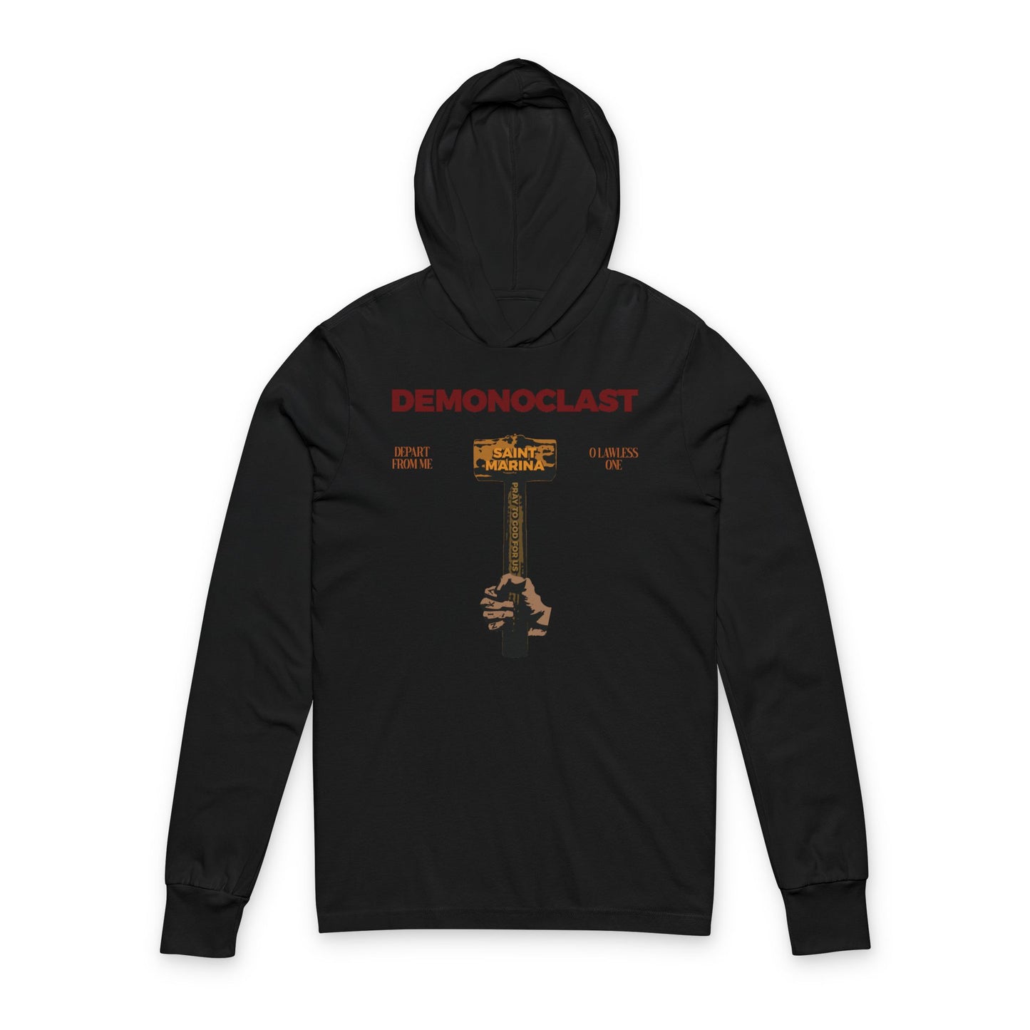 Black Orthodox hooded shirt featuring "DEMONOCLAST," St. Marina's hammer, NIKA fist, and Christian martyrdom graphics—boldly inspired by the strength of St. Marina the Great Martyr.