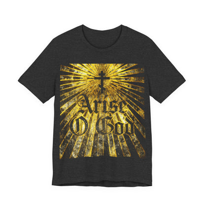 Dark Grey Heather t-shirt featuring "Arise O God" in a textured Gothic font, an Orthodox cross, and golden rays—design inspired by Psalm 81 (82 LXX) and the Divine Council worldview.