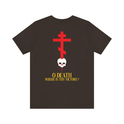 O Death Where is Thy Victory? BACK w/ Red Cross on Front Left Breast | Cross Stabbing Skull | Yellow Text | Lightweight Cotton Unisex Tee