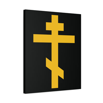 The Yellow Orthodox Cross Black Background canvas art features a gold three-beam cross on black, symbolizing the precious and life-giving weapon of unseen warfare and scourge of demons in Orthodox tradition.