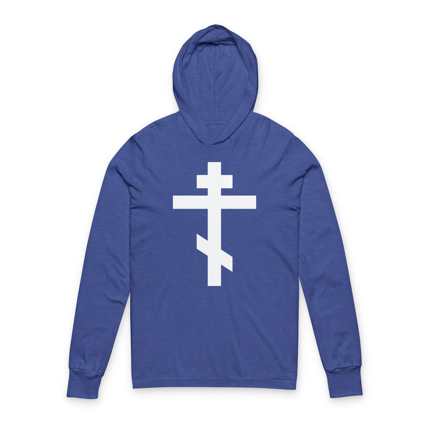 Heather True Royal hooded shirt featuring a large white Orthodox cross on the front, inspired by Galatians 6:14—"May I never boast, except in the cross of our Lord Jesus Christ.