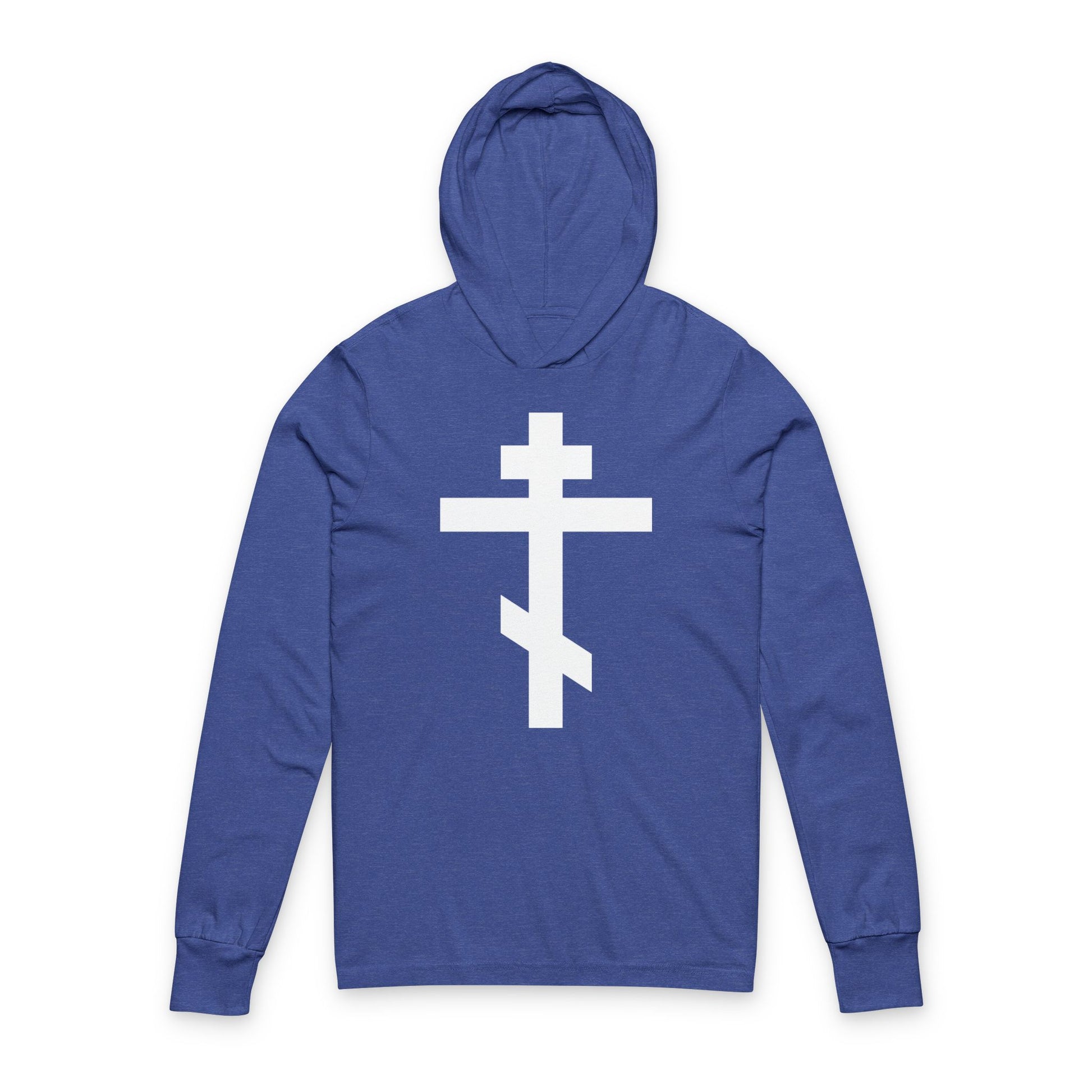 Heather True Royal hooded shirt featuring a large white Orthodox cross on the front, inspired by Galatians 6:14—"May I never boast, except in the cross of our Lord Jesus Christ.