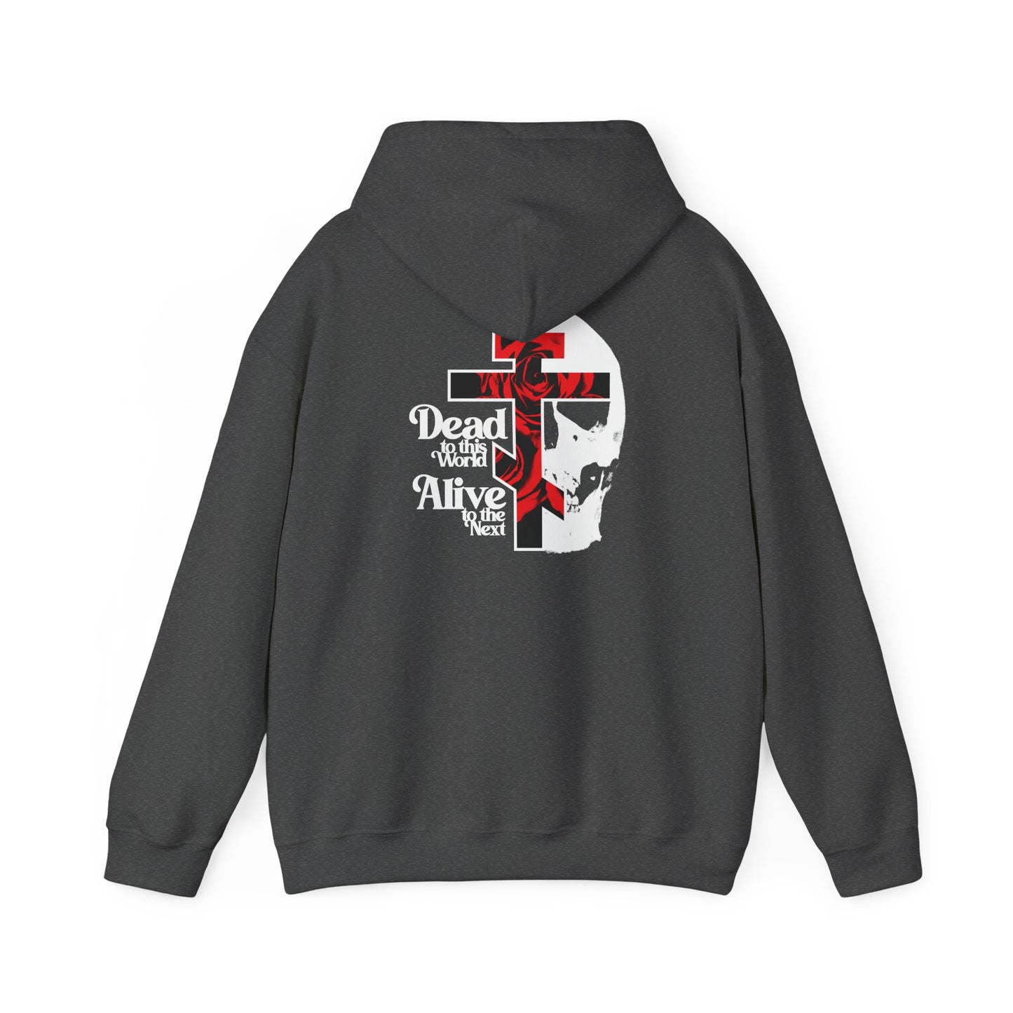 Dark Heather hoodie featuring the bestselling “Dead to this World” back design: a Christian Goth-inspired flower cross with skull, vivid red roses, bold 70s typography, and the phrase “Dead to this world, Alive with Christ”—a powerful Orthodox Christian statement echoing The Ladder of Divine Ascent and renunciation of the world.