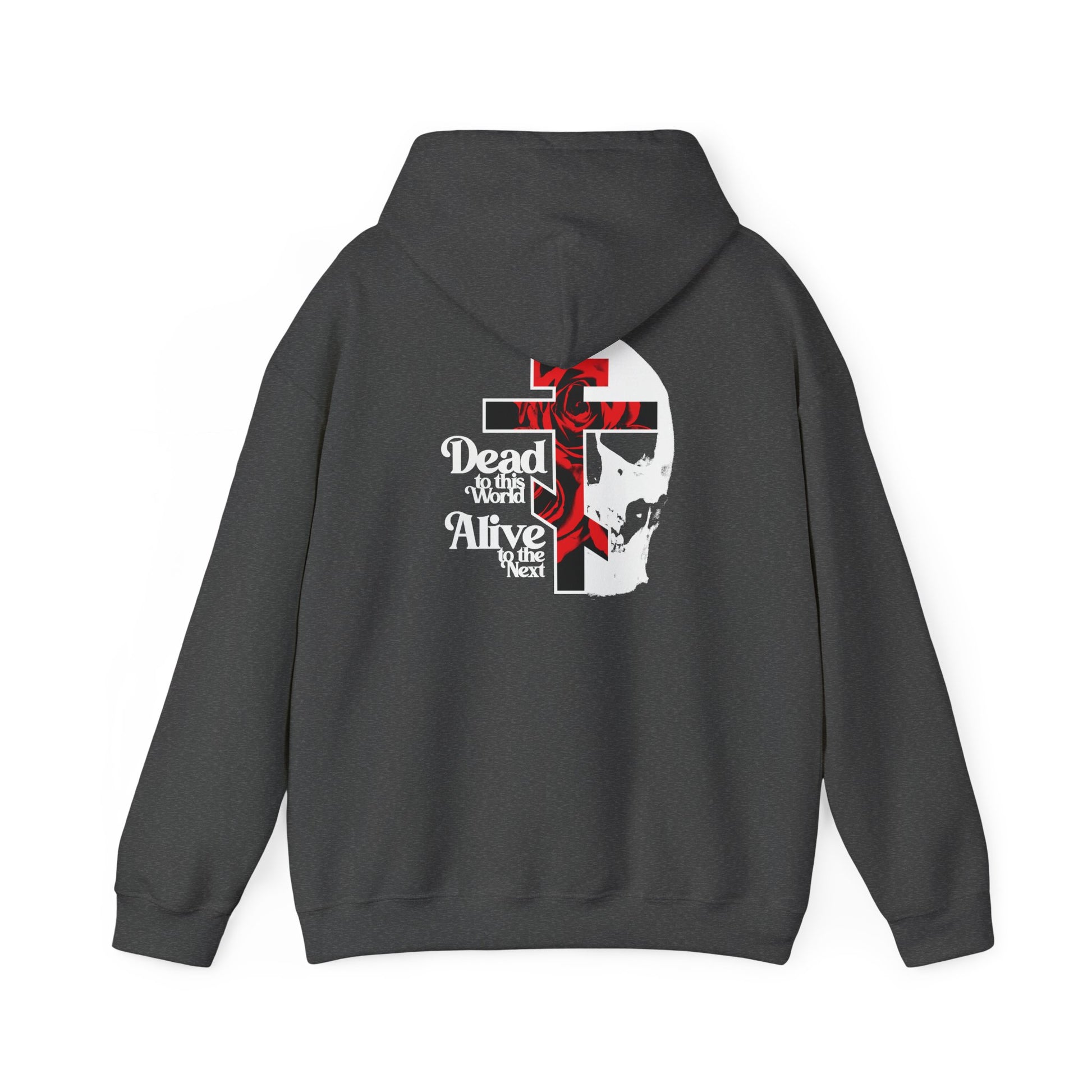 Dark Heather hoodie featuring the bestselling “Dead to this World” back design: a Christian Goth-inspired flower cross with skull, vivid red roses, bold 70s typography, and the phrase “Dead to this world, Alive with Christ”—a powerful Orthodox Christian statement echoing The Ladder of Divine Ascent and renunciation of the world.