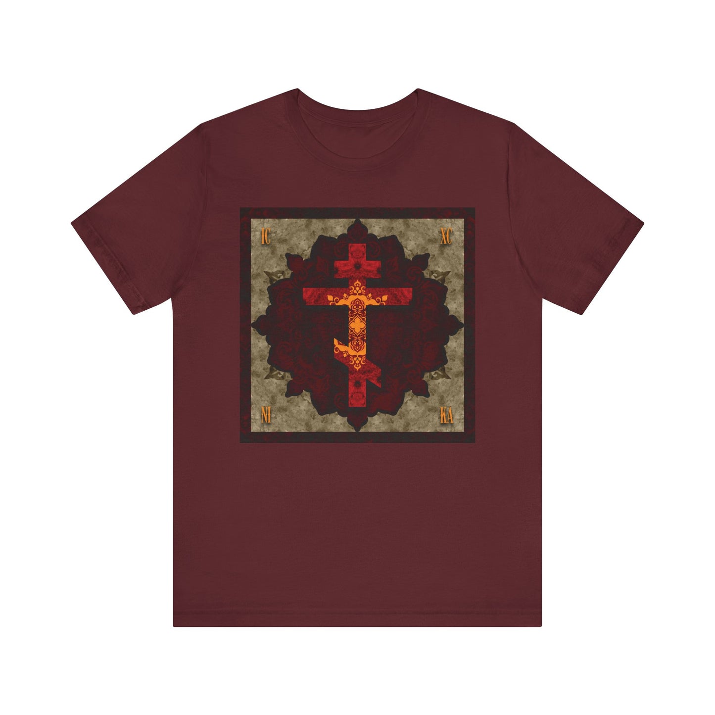 The maroon ICXC NIKA Artistic Textured Red & Gold Russian Cross Orthodox Christian Unisex T-Shirt features a red and gold ornate cross in a square frame with floral motifs, evoking the legacy of St. John of Shanghai and San Francisco and symbolizing humility and Christian virtues.